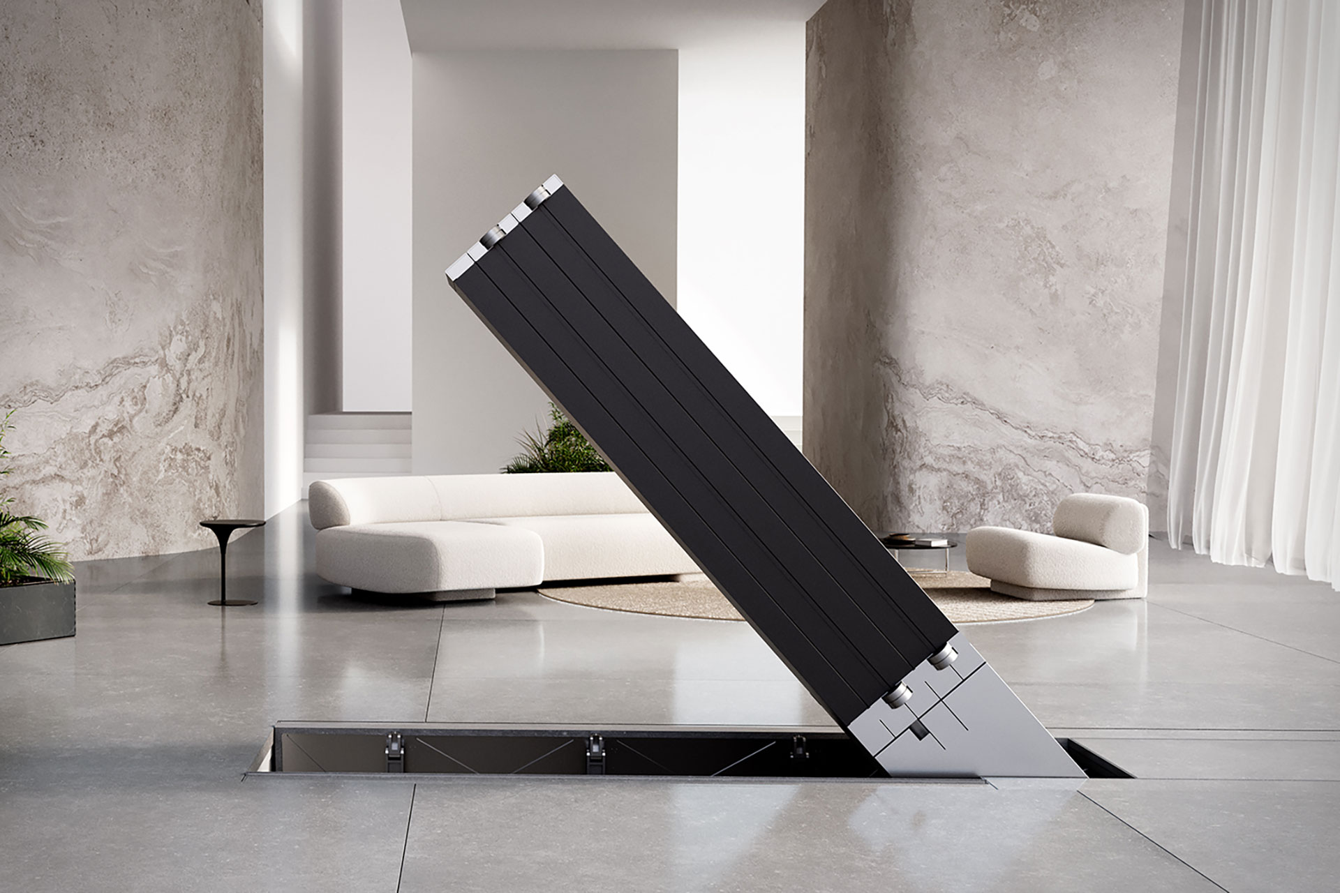 C SEED M1 unfolding from a concealed floor compartment in a minimalist room