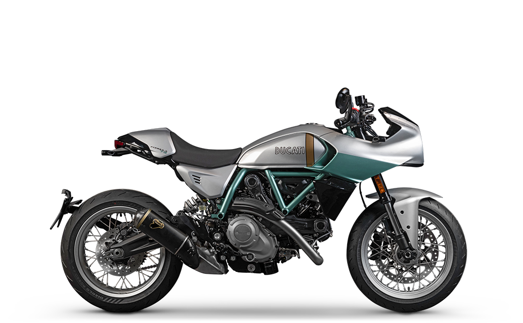Ducati Formula 73 in silver and aquamarine, viewed from the right
