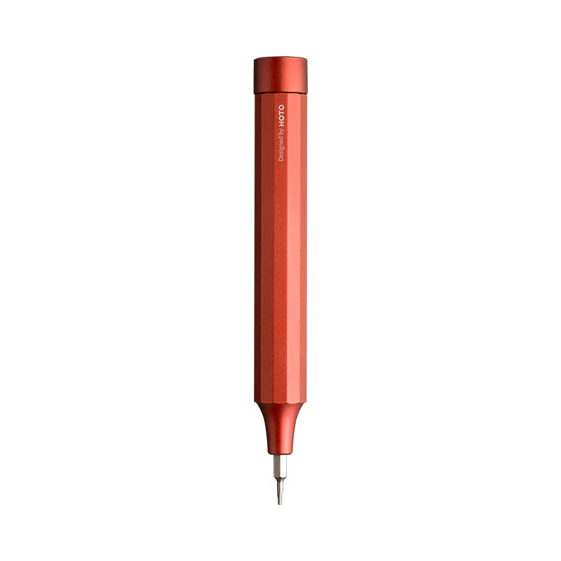 Red HOTO 24-in-1 manual precision screwdriver with a fitted bit, complete on white