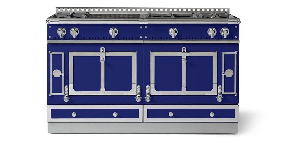 Blue La Cornue Château 150 range with polished metal trim