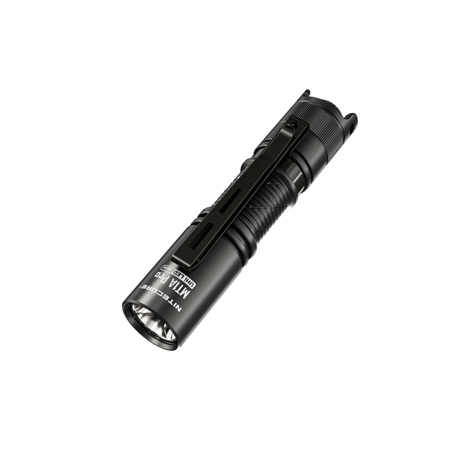 Black NITECORE MT1A Pro flashlight with pocket clip, complete on white