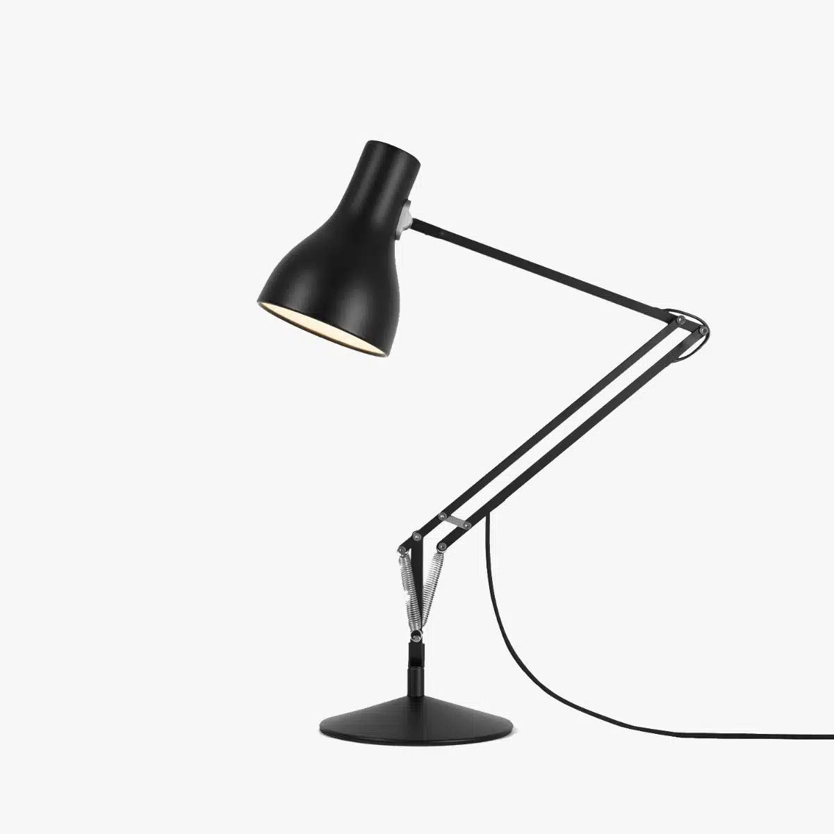 Anglepoise Type 75 full-size desk lamp in Jet Black with its base, shade and spring-balanced arms