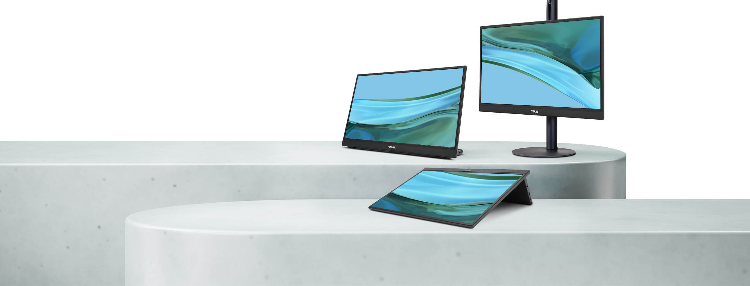 ASUS ZenScreen MB16QHG shown at different angles and on a separate stand