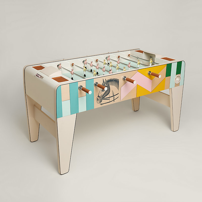 Hermès Nata foosball table with multicoloured leather horse appliqué, metal players and four cream legs