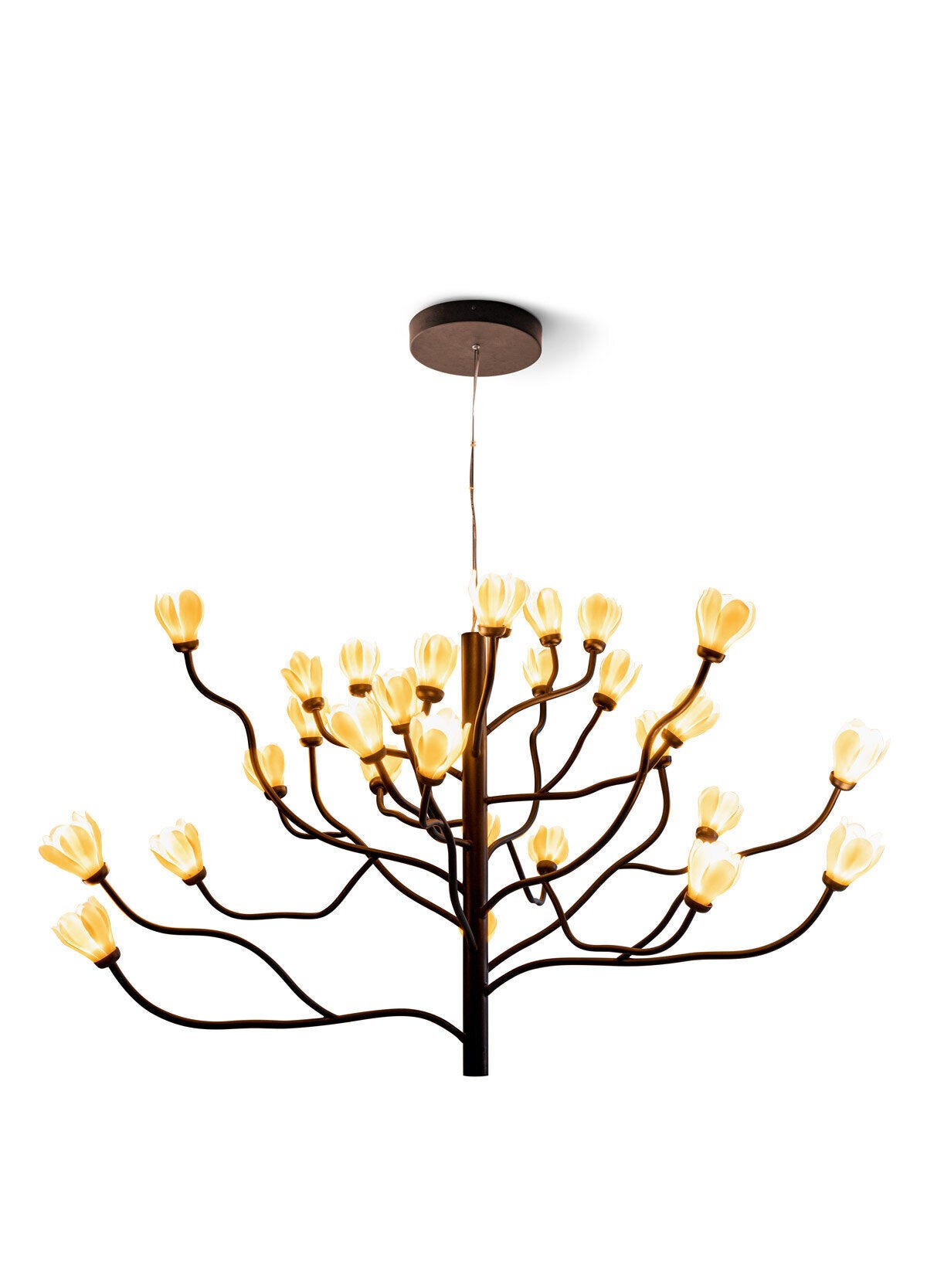 Lladró Mokuren chandelier by Naoto Fukasawa with white porcelain magnolia flowers and dark branching frame
