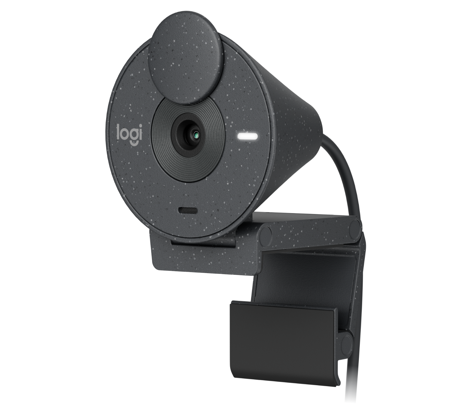 Logitech Brio 305 webcam in graphite, lens and monitor mount visible
