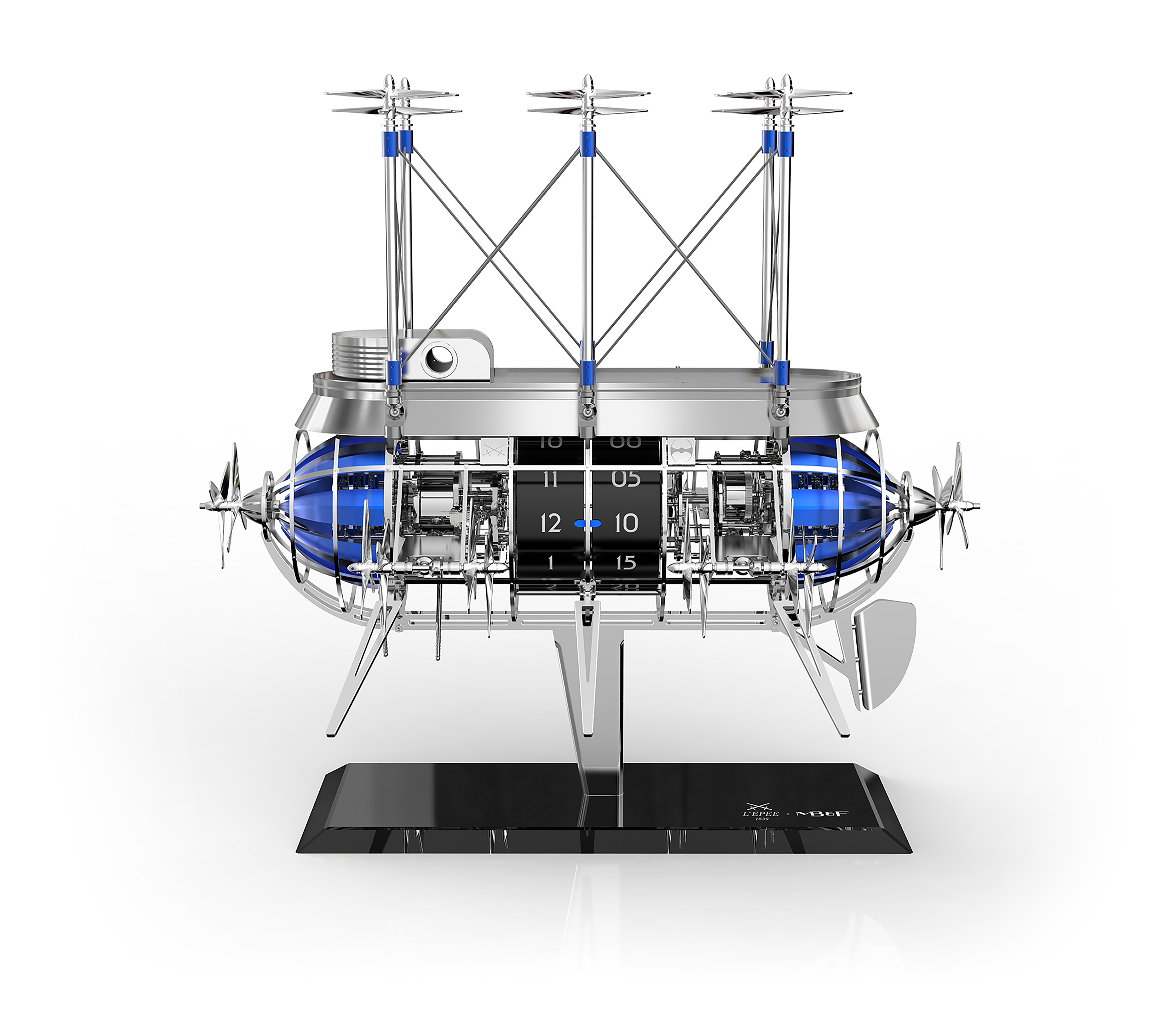 L’Épée 1839 × MB&F Albatross mechanical clock in Blue, complete airship and display base