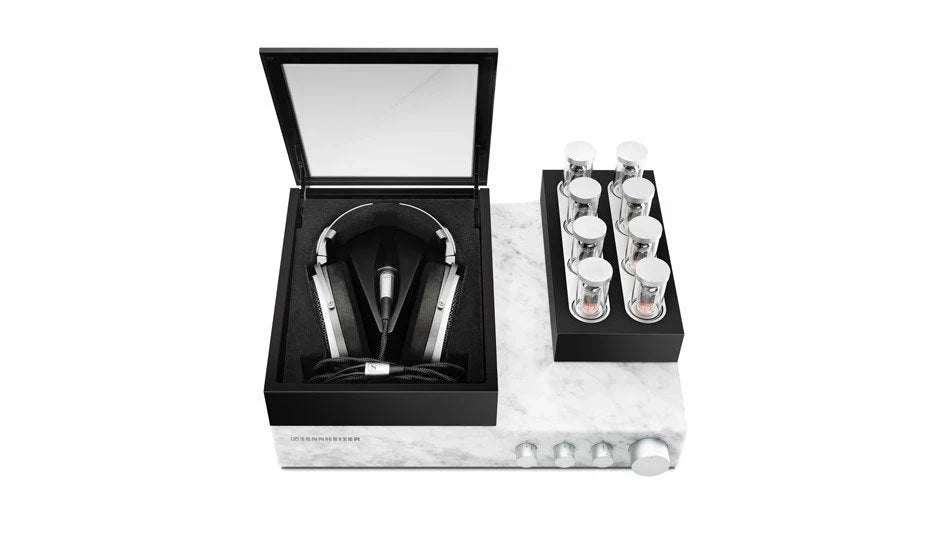 Sennheiser HE 1 headphone system with white Carrara marble amplifier, eight valves and open glass storage lid