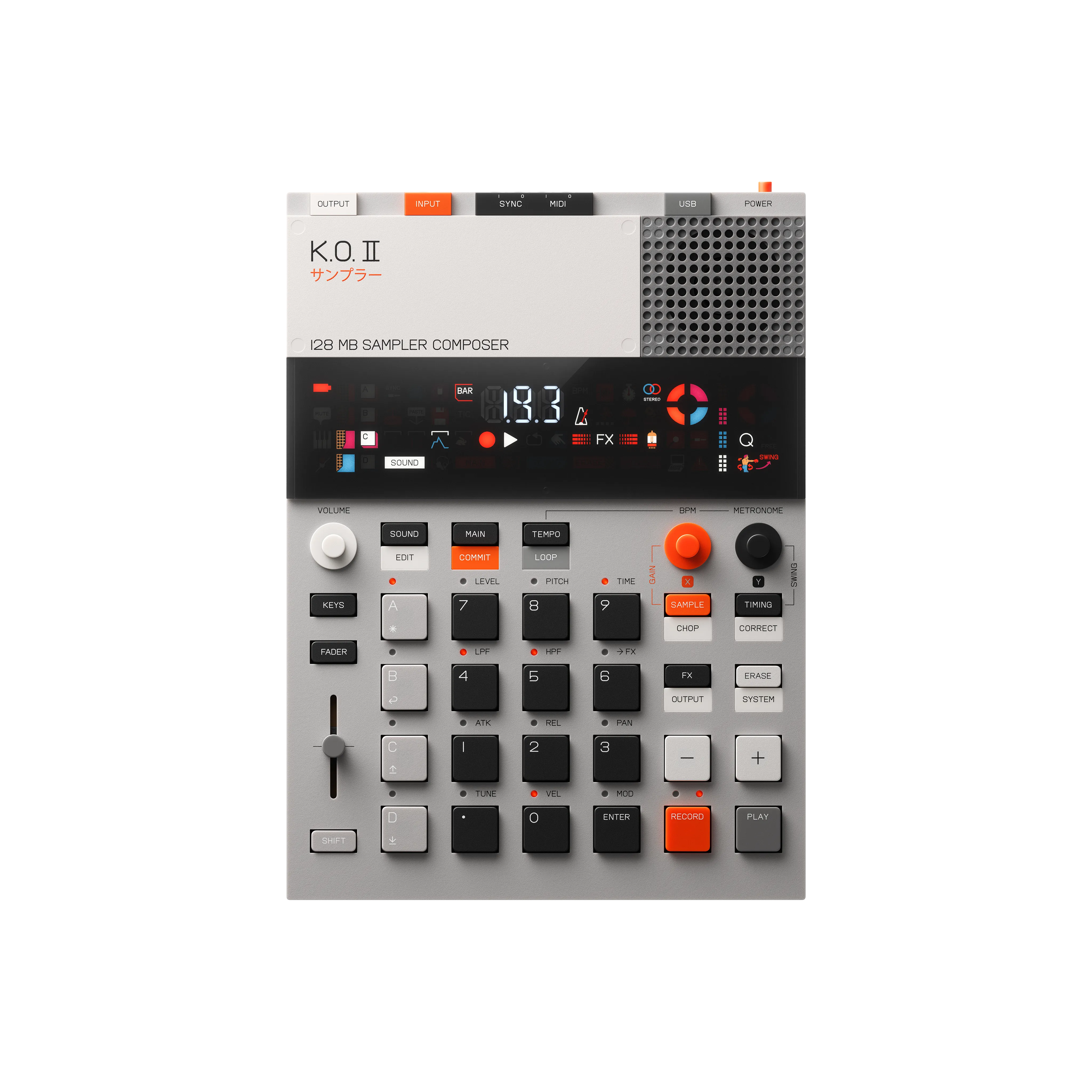 Teenage Engineering EP–133 K.O. II current 128MB sampler, front view in gray with orange controls