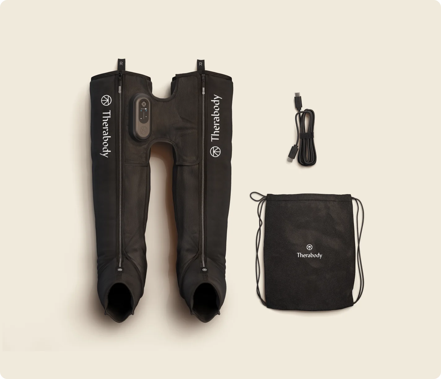 Therabody JetBoots Prime pair with charging cable and storage pouch