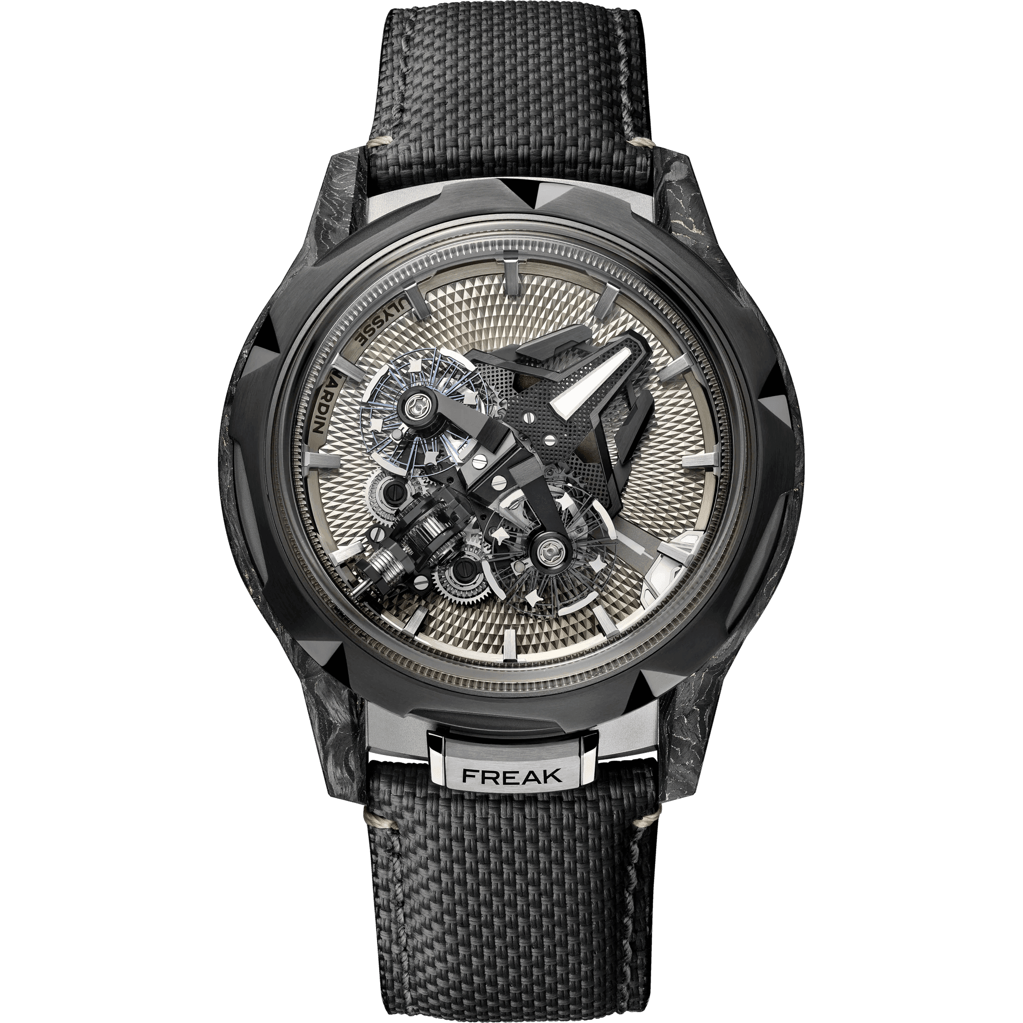 Ulysse Nardin Freak S Nomad 2513-500LE-4A-GUI/3A with exposed dual oscillator movement, guilloché hour disc and black textured strap
